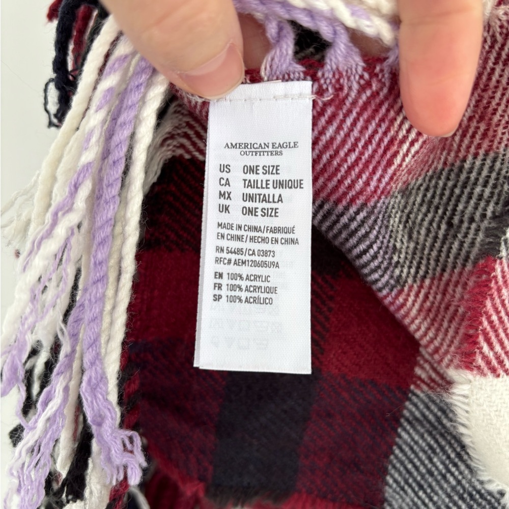 American Eagle Outfitters Long Plaid Scarf Wrap Tassel Fringe Black Red Cozy - Picture 3 of 7